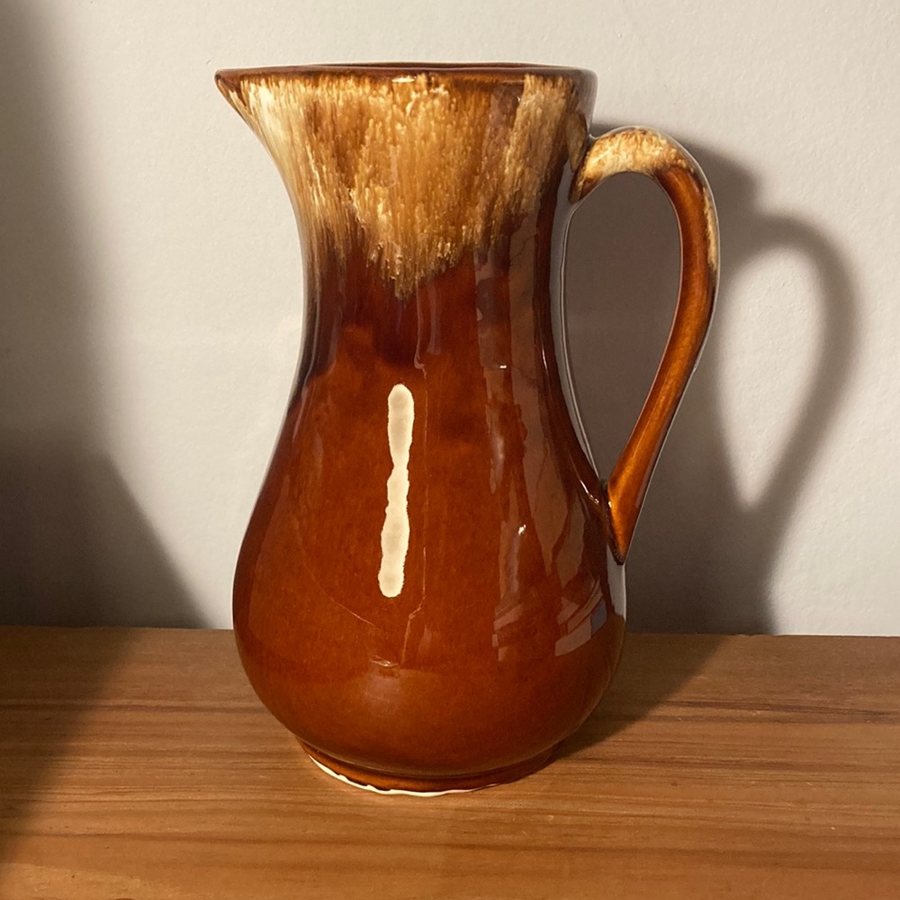 Roseville O RRPCO pottery pitcher brown and cream 9.75” tall x ~6” in diameter